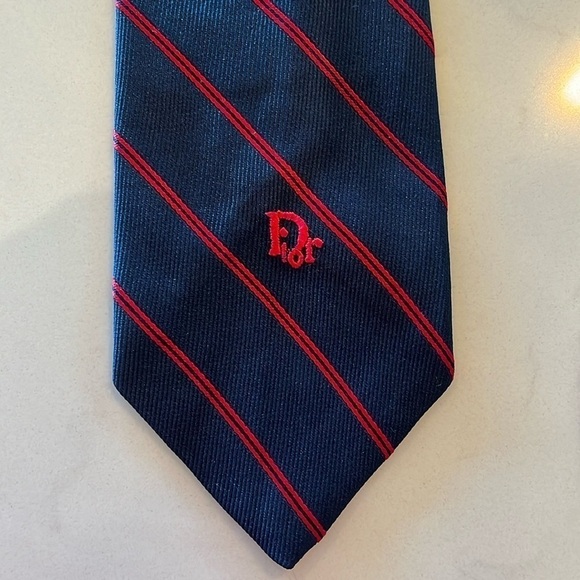Vintage Christian Dior Red Diagonal Striped Navy Blue Embroidered Logo Necktie - Picture 5 of 5